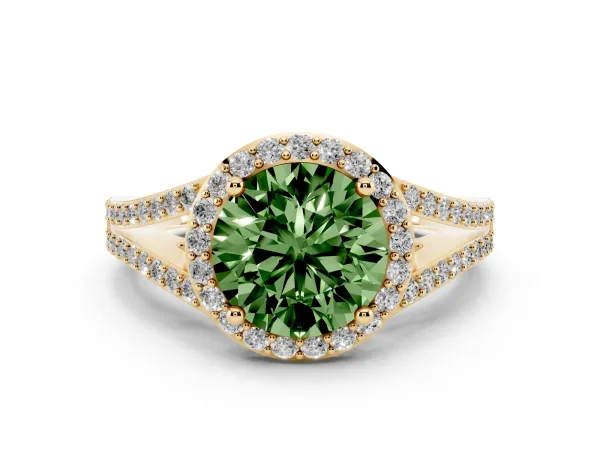 Fancy Green Round Cut Halo Split Shank Diamond Ring with Prong Setting Yellow gold