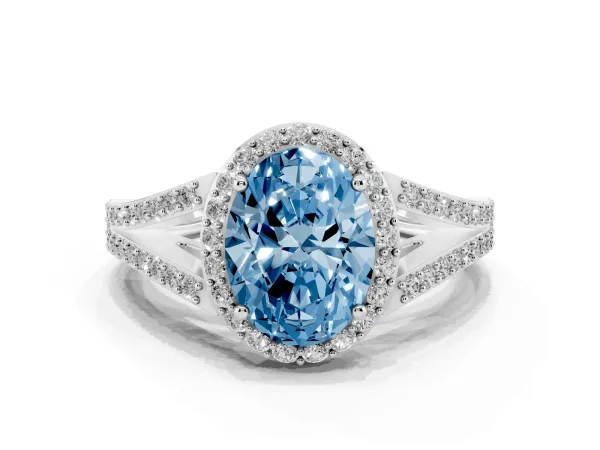 Fancy Blue Oval Cut Halo Split Shank Pave Diamond Ring with Four-Prong Setting Platinum