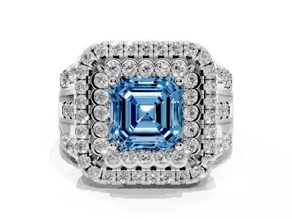 Fancy Blue Asscher Cut Diamond Double Halo Ring with Round Pavé Split Shank and Prong Setting White gold