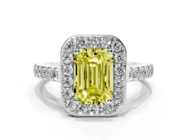 Fancy Yellow Emerald Cut Diamond Halo Ring with Round Pavé Split Shank and Prong Setting Platinum