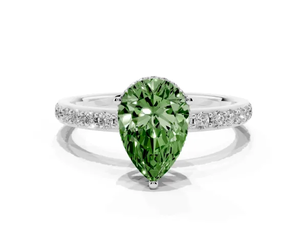 Fancy Green Pear Cut Diamond Solitaire Ring with Pavé Band and Hidden Halo White gold