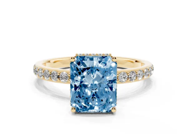 Fancy Blue Radiant Cut Diamond Solitaire Ring with Pavé Band and Hidden Halo Yellow gold