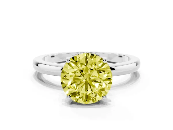 Fancy Yellow Round Cut Solitaire Diamond Ring with Prong Setting and Plain Band Platinum