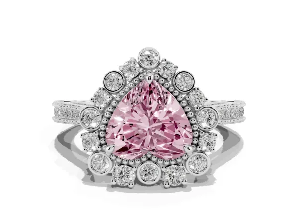 Fancy Pink Heart Cut Halo Milgrain Pave Diamond Ring with Four-Prong Setting White gold