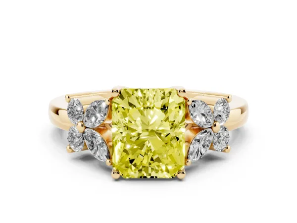 Fancy Yellow Radiant Cut Diamond Floral Cluster Ring with Solitaire Band and Prong Setting Yellow gold