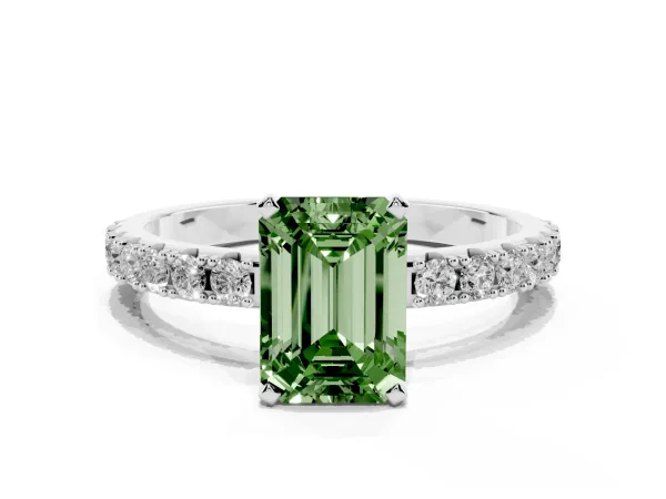 Fancy Green Emerald Cut Diamond Solitaire Pavé Band with Four-Prong Setting Platinum
