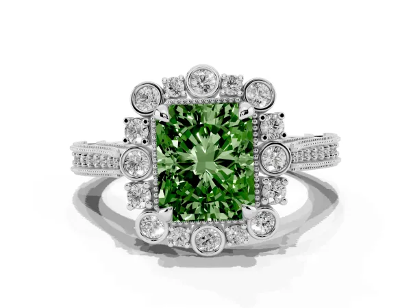 Fancy Green Radiant Cut Halo Milgrain Pave Diamond Ring with Four-Prong Setting Platinum