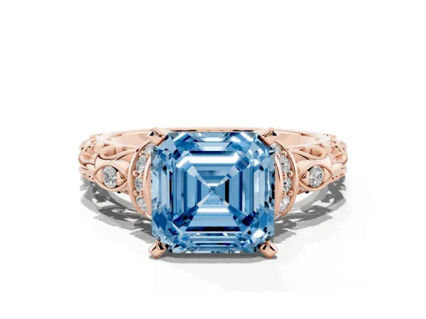Fancy Blue Asscher Cut Diamond Solitaire Ring with Filigree Band and Four-Prong Setting Rose gold