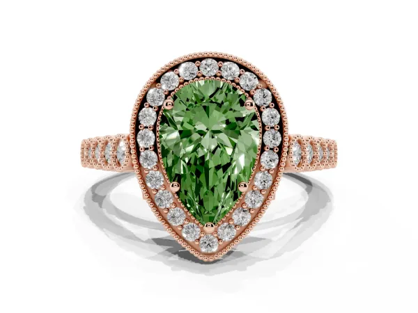 Fancy Green Pear Cut Halo Milgrain Solitaire with Bezel Set Side Stones and Pave Band Rose gold