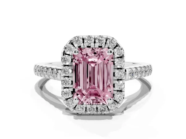Fancy Pink Emerald Cut Halo Pavé Diamond Engagement Ring with Four-Prong Setting Platinum