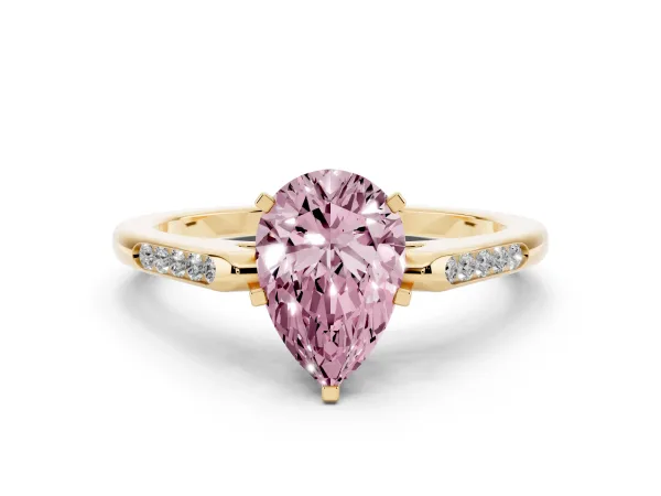 Fancy Pink Pear Cut Diamond Solitaire Ring with Channel Set Round Band and Prong Setting Yellow gold