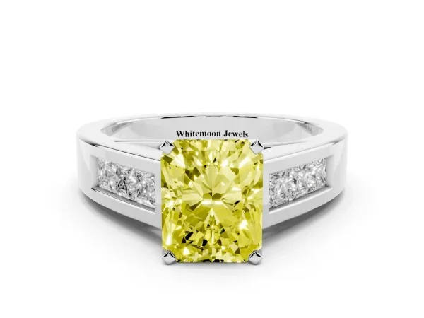 Fancy Yellow Radiant Cut Cut Channel Set Solitaire Ring with Four-Prong Setting Platinum