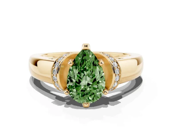 Fancy Green Pear Cut Solitaire Diamond Ring with Pave Band and Six-Prong Setting Yellow gold