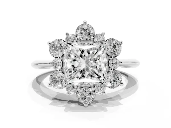 Princess Cut Diamond Cluster Halo Ring with Solitaire Band and Four-Prong Setting Platinum