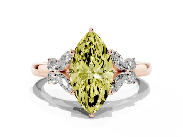 Fancy Yellow Marquise Cut Cut Solitaire Floral Diamond Ring with Four-Prong Setting Rose gold