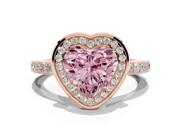 Fancy Pink Heart Cut Diamond Halo Ring with Bezel Frame and Pavé Band Rose gold