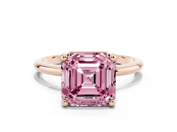 Fancy Pink Asscher Cut Solitaire Diamond Ring with 4-Prong Setting on a Classic Band Rose gold