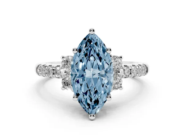Fancy Blue Marquise Cut Diamond Three-Stone Pave Band with Four-Prong Setting Platinum