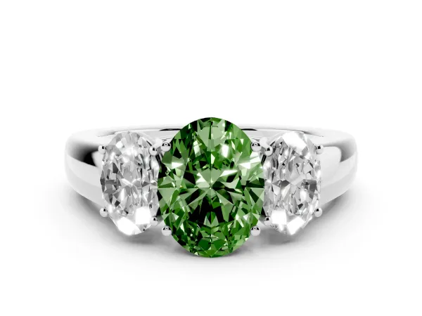 Fancy Green Three-Stone Oval Cut Cut Diamond Ring with Prong Setting and Classic Band Platinum