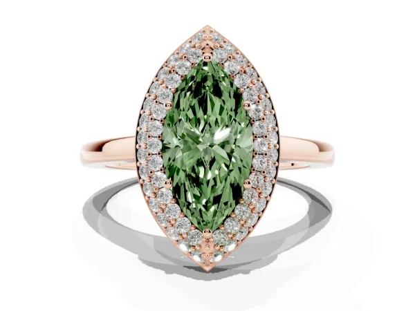 Fancy Green Marquise Cut Halo Diamond Engagement Ring with Solitaire Band and Four-Prong Setting Rose gold
