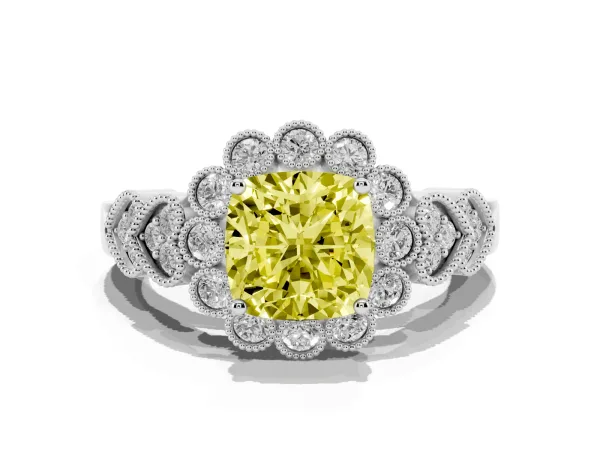 Fancy Yellow Cushion Cut Brilliant Milgrain Pave Heart Band Solitaire Ring Platinum
