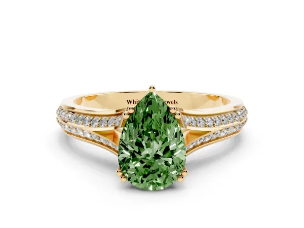 Fancy Green Pear Cut Diamond Split Shank Engagement Ring with Pavé Band Yellow gold