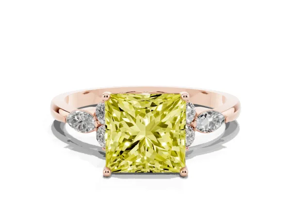 Fancy Yellow Princess Cut Brilliant Diamond Solitaire Ring with Pear Side Stones and Four-Prong Setting Rose gold