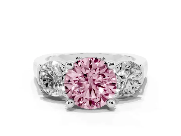 Fancy Pink Three-Stone Round Cut Brilliant Diamond Trellis Ring with Comfort Fit Band White gold