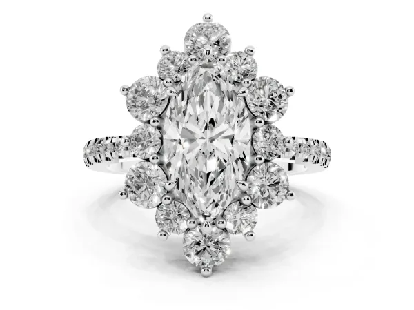 Marquise Cut Diamond Floral Halo Ring with Round Pavé Band and Prong Setting Platinum