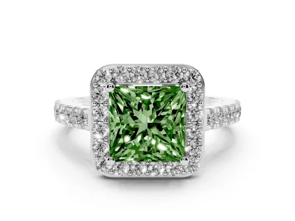 Fancy Green Princess Cut Diamond Halo Ring with Round Pavé Split Shank and Prong Setting White gold