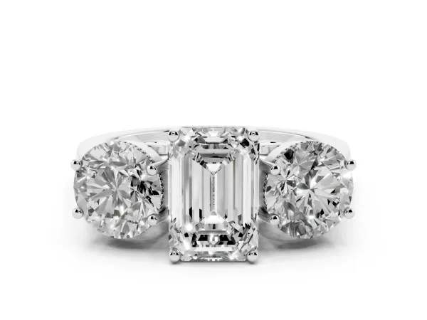 Three-Stone Emerald Cut Diamond Engagement Ring with Prong Setting on a Classic Band White gold