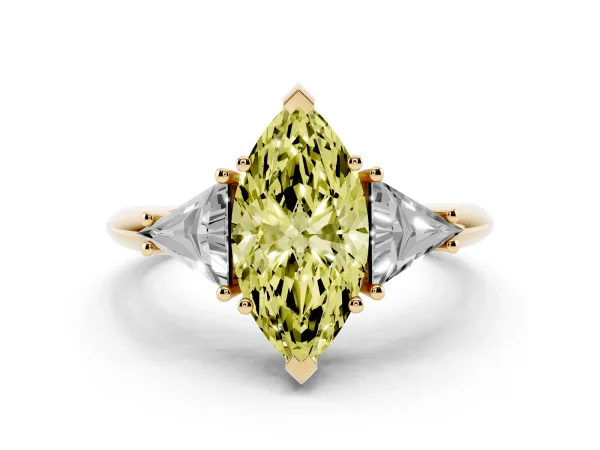 Fancy Yellow Three-Stone Marquise Cut Diamond Engagement Ring with Trillion Side Stones and Prong Setting Yellow gold