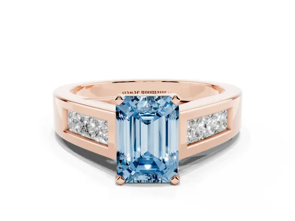 Fancy Blue Emerald Cut Cut Channel Set Solitaire Ring with Four-Prong Setting Rose gold