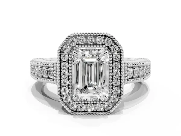 Emerald Cut Cut Halo Diamond Ring with Pavé Band and Four-Prong Setting Platinum