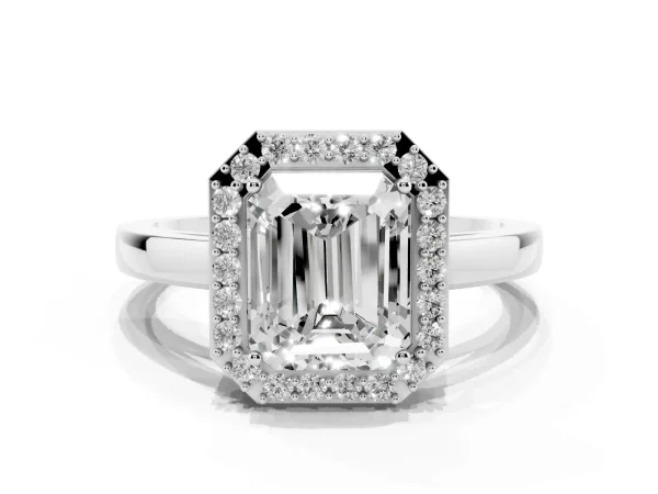 Radiant Cut Halo Diamond Ring with Solitaire Band and Prong Setting White gold