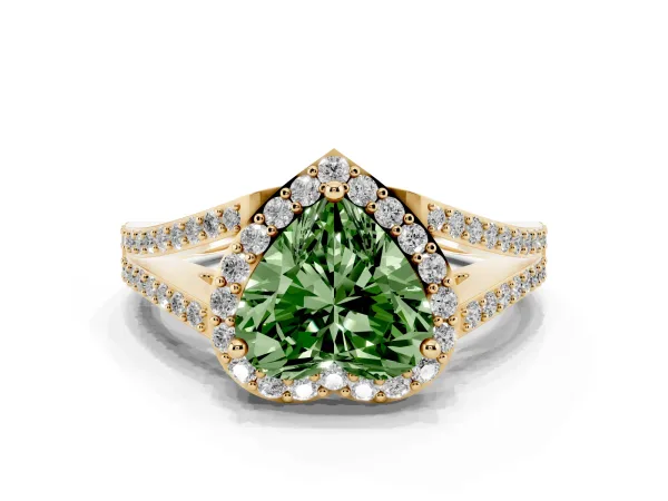 Fancy Green Heart Cut Halo Split Shank Diamond Ring with Prong Setting Yellow gold
