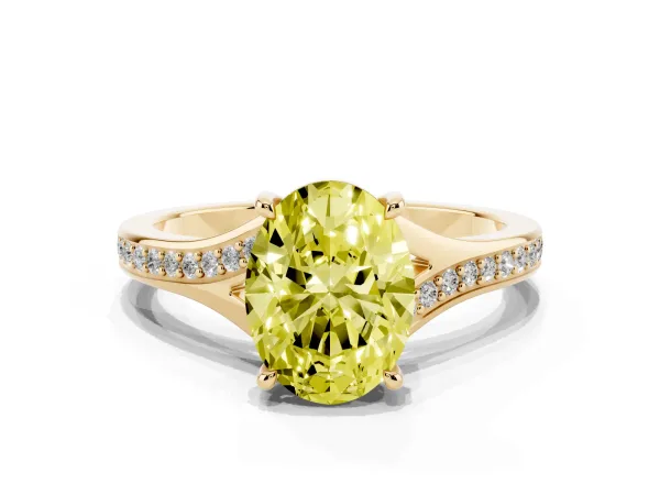 Fancy Yellow Oval Cut Diamond Solitaire Ring with Pavé Band and Prong Setting Yellow gold