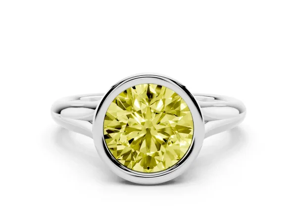 Fancy Yellow Bezel Set Round Cut Solitaire Diamond Ring with Smooth Band Platinum