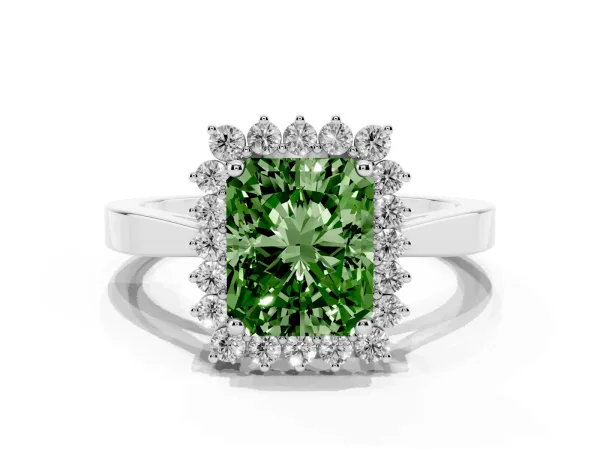 Fancy Green Radiant Cut Cut Diamond Halo Ring with Round Brilliant Halo and Solitaire Band Platinum