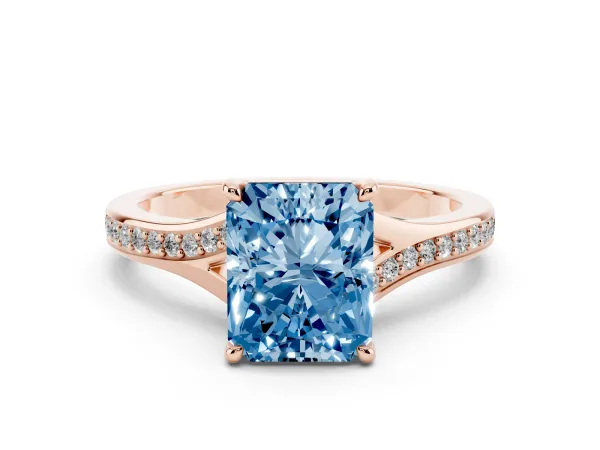 Fancy Blue Radiant Cut Diamond Solitaire Ring with Pavé Band and Prong Setting Rose gold