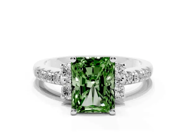 Fancy Green Radiant Cut Diamond Three-Stone Pave Band with Four-Prong Setting White gold