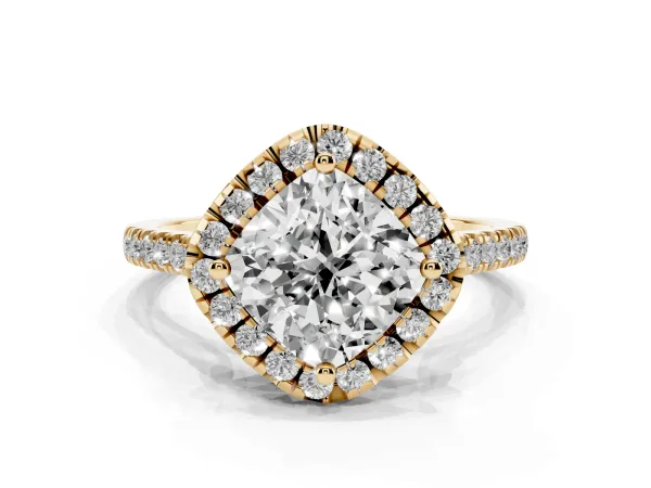 Cushion Cut Diamond Cushion Halo Ring with Pavé Band Yellow gold