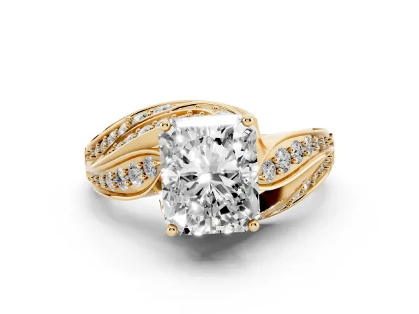 Radiant Cut Diamond Solitaire Ring with Prong Setting and Twisted Pavé Band Yellow gold