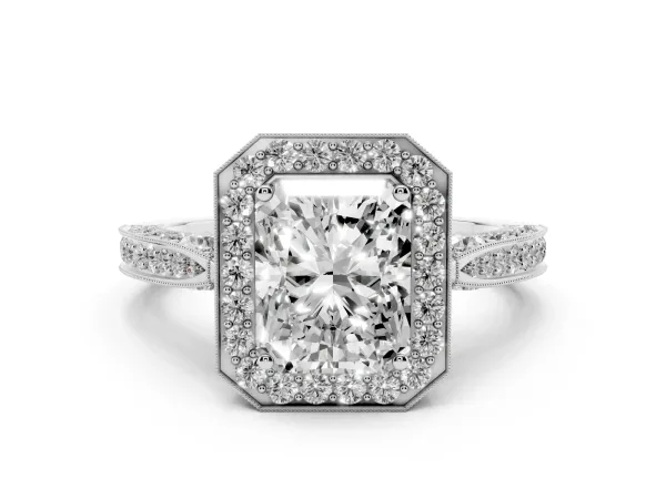 Radiant Cut Halo Diamond Engagement Ring with Split Shank Band and Four-Prong Setting Platinum