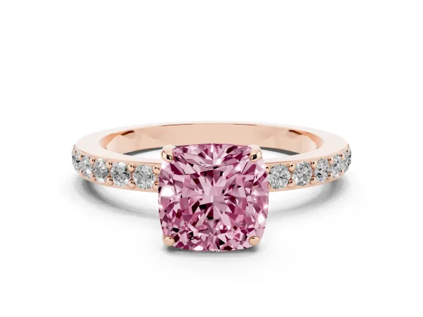 Fancy Pink Cushion Cut Diamond Solitaire Engagement Ring with Pavé Band and Four-Prong Setting Rose gold