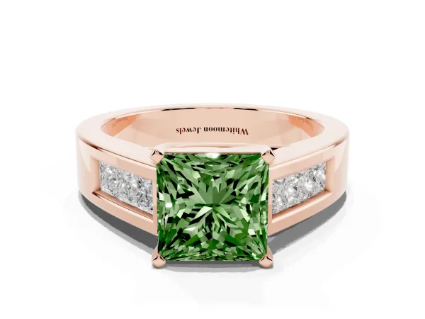 Fancy Green Princess Cut Cut Channel Set Solitaire Ring with Four-Prong Setting Rose gold