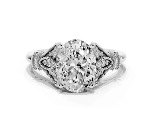 Oval Cut Diamond Solitaire Ring with Floral Filigree and Pave Accents White gold