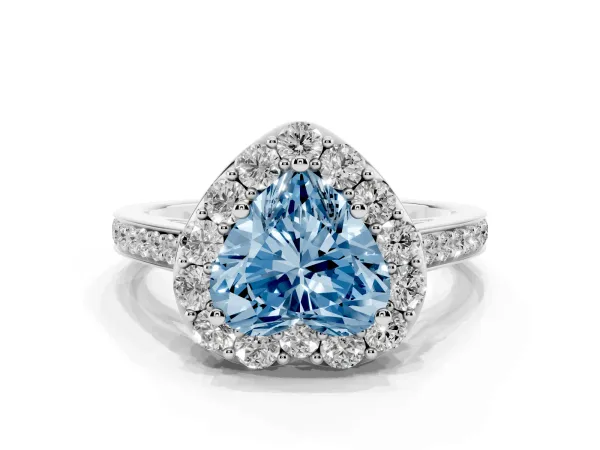 Fancy Blue Heart Cut Diamond Floral Halo Ring with Pavé Band and Prong Setting Platinum