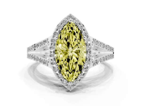 Fancy Yellow Marquise Cut Halo Split Shank Diamond Ring with Prong Setting White gold