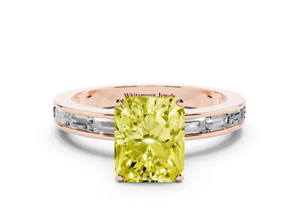 Fancy Yellow Radiant Cut Solitaire Diamond Ring with Channel-Set Baguette Band and Four-Prong Setting Rose gold